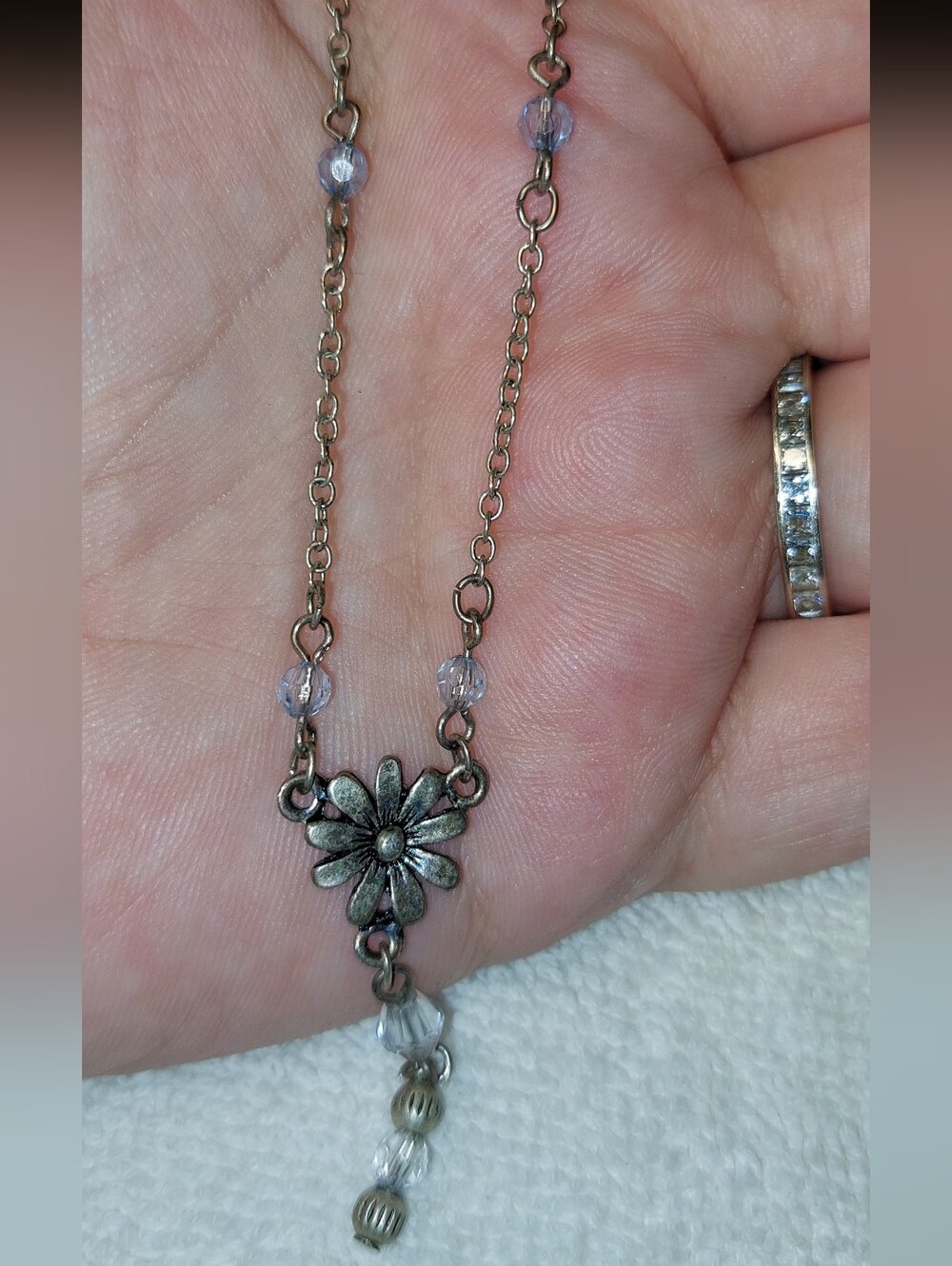 Delicate Silver Flower Drop Necklace in Light Purple Beads